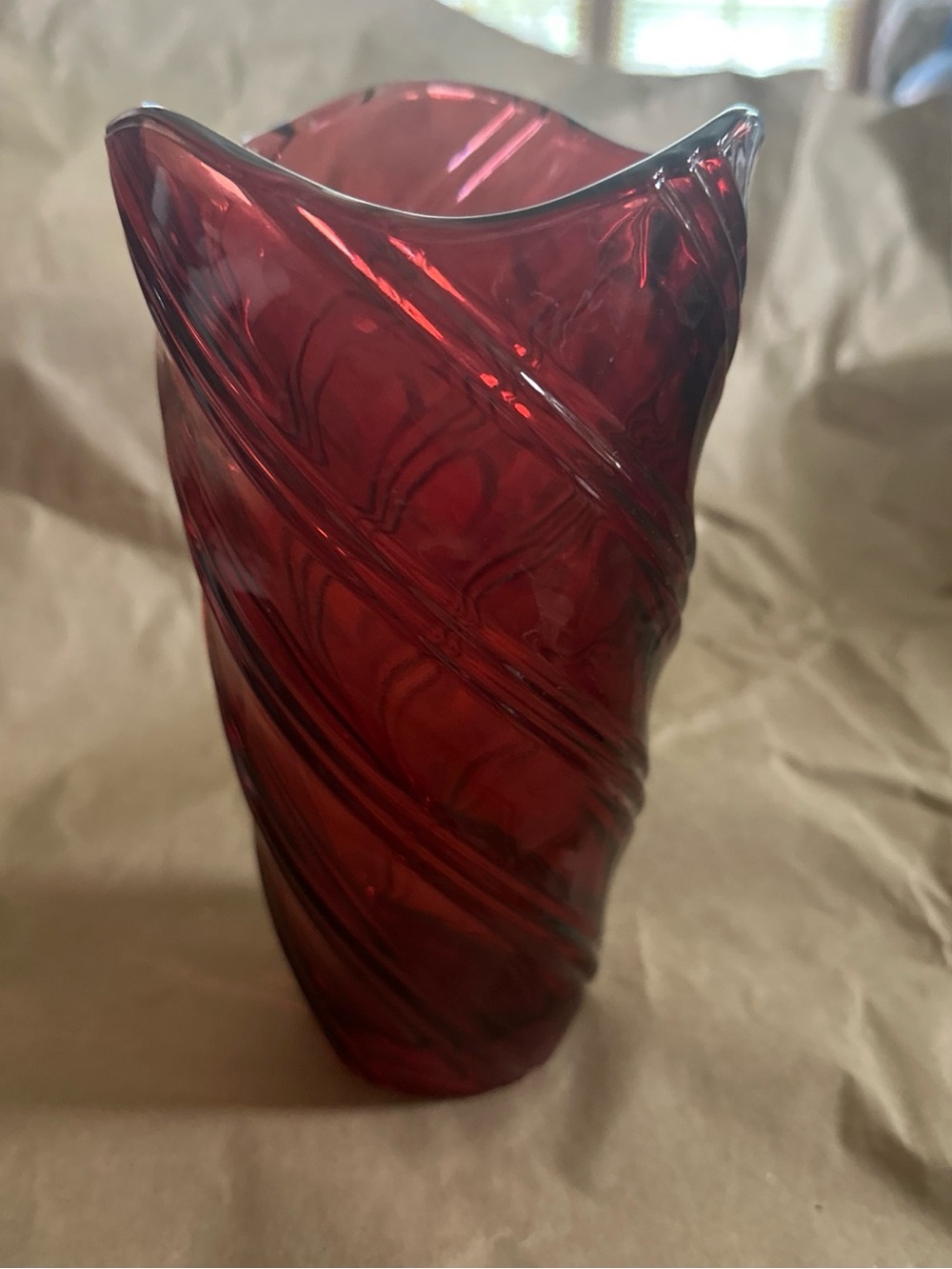 Beautiful Handblown Red Swirl Glass Vase - Decorative Home Accent